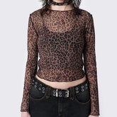 BXOXO Leopard Print Mesh Sheer T-shirt Coquette See Through Long Sleeve Blouse Tees Women Ladies Vintage Crop Tops